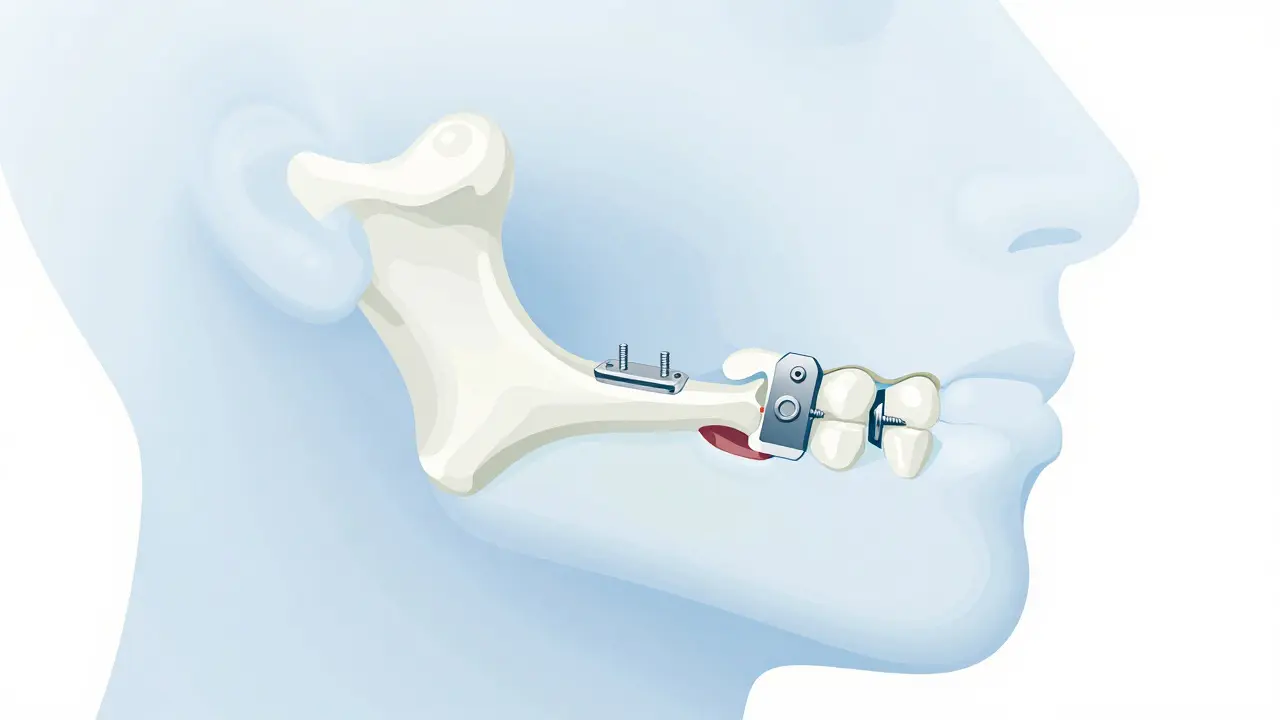 Anatomická ilustrace kostní operace brady s titanovými destičkami