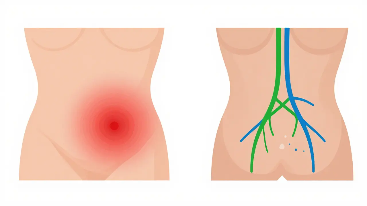 Anatomická ilustrace ukazující zánět a regeneraci nervů v břiše po liposukci.