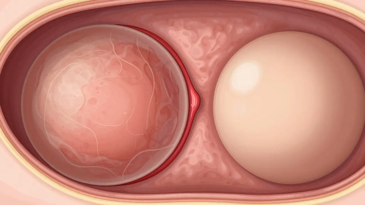 Anatomický průřez ukazující kapsulární kontrakci kolem prsního implantátu ve srovnání se zdravým stavem.