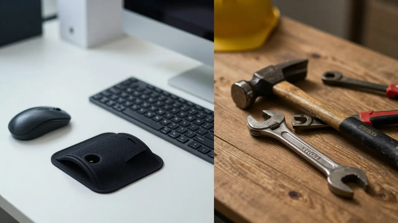 Ergonomická myš a klávesnice vedle těžkých ručních nářadí