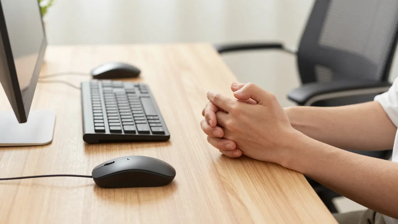 Ergonomické pracoviště s vertikální myší a rozdělenou klávesnicí