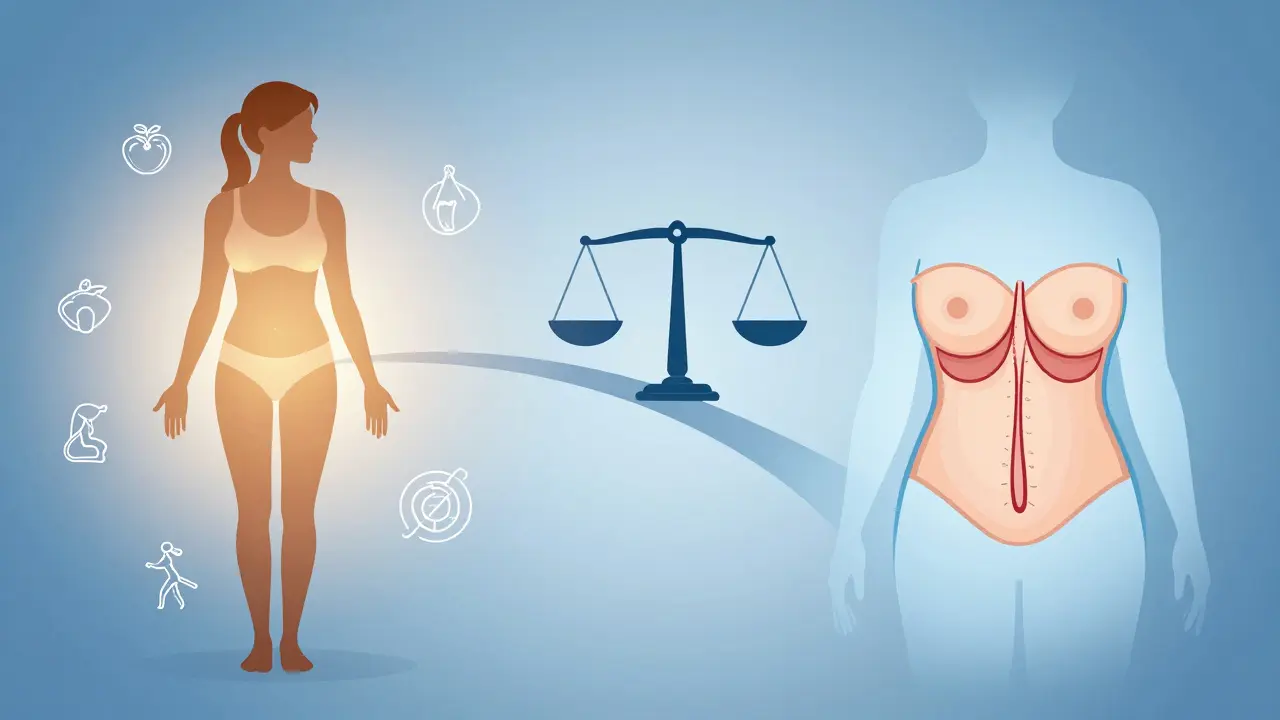 Konceptuální ilustrace srovnání hubnutí a chirurgie