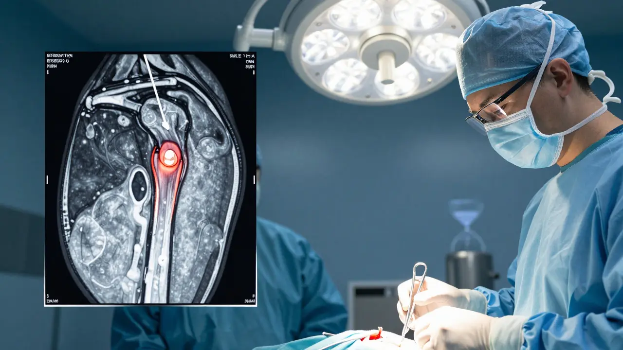 MRI snímek ramene a chirurgické nástroje symbolizující nutnost operace