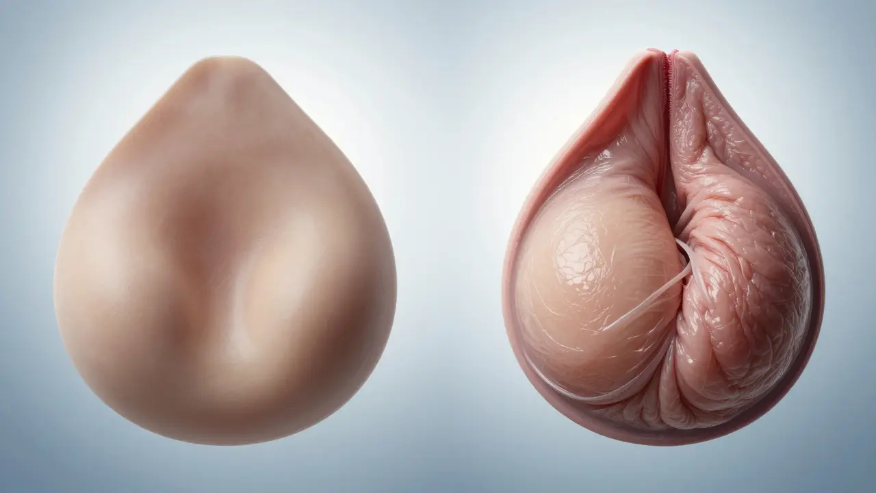 Vizuální srovnání zdravé kapsuly a fibrózy kolem implantátu