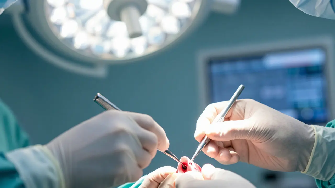 Záběr z operačního sálu při zákroku septoplastiky na rukou chirurga