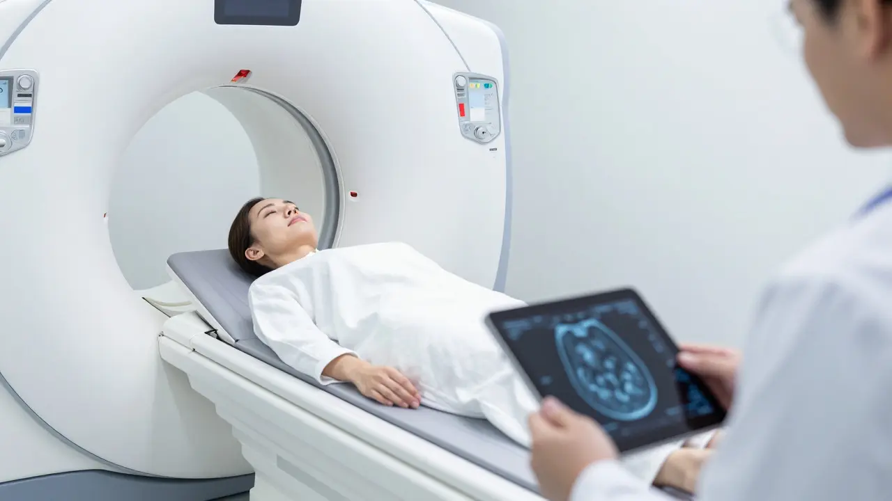 Žena na vyšetření MRI pro kontrolu implantátů