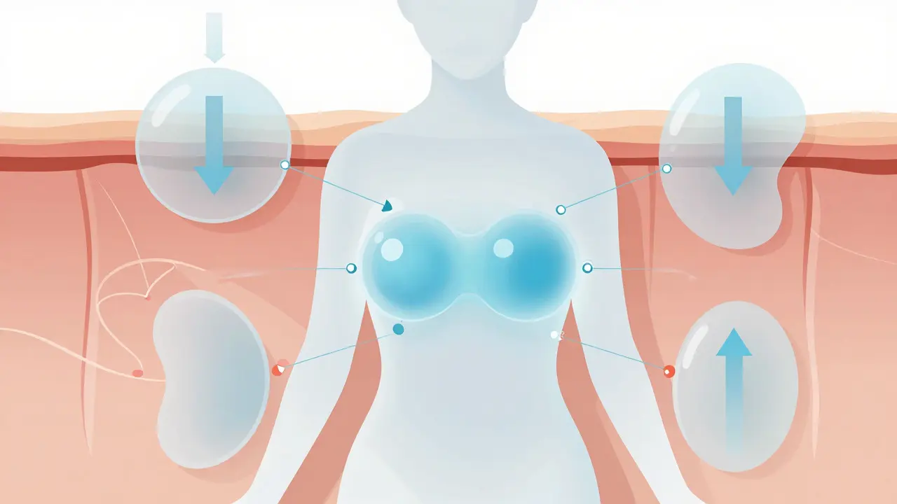 Abstraktní ilustrace ženy s vizualizovanými faktory jako gravitace a stárnutí ovlivňujícími implantáty.