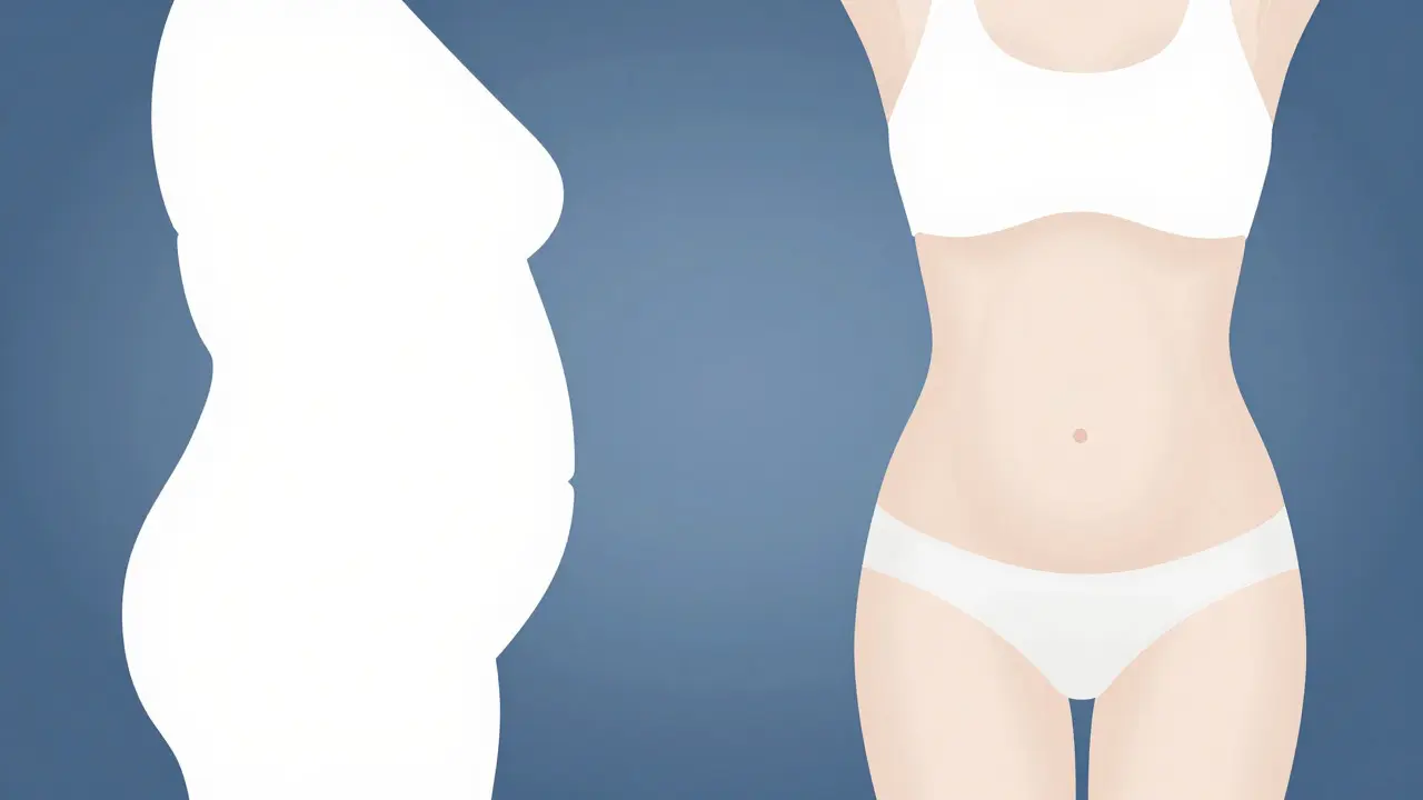 Abstraktní srovnání přebytečné kůže a výsledku abdominoplastiky
