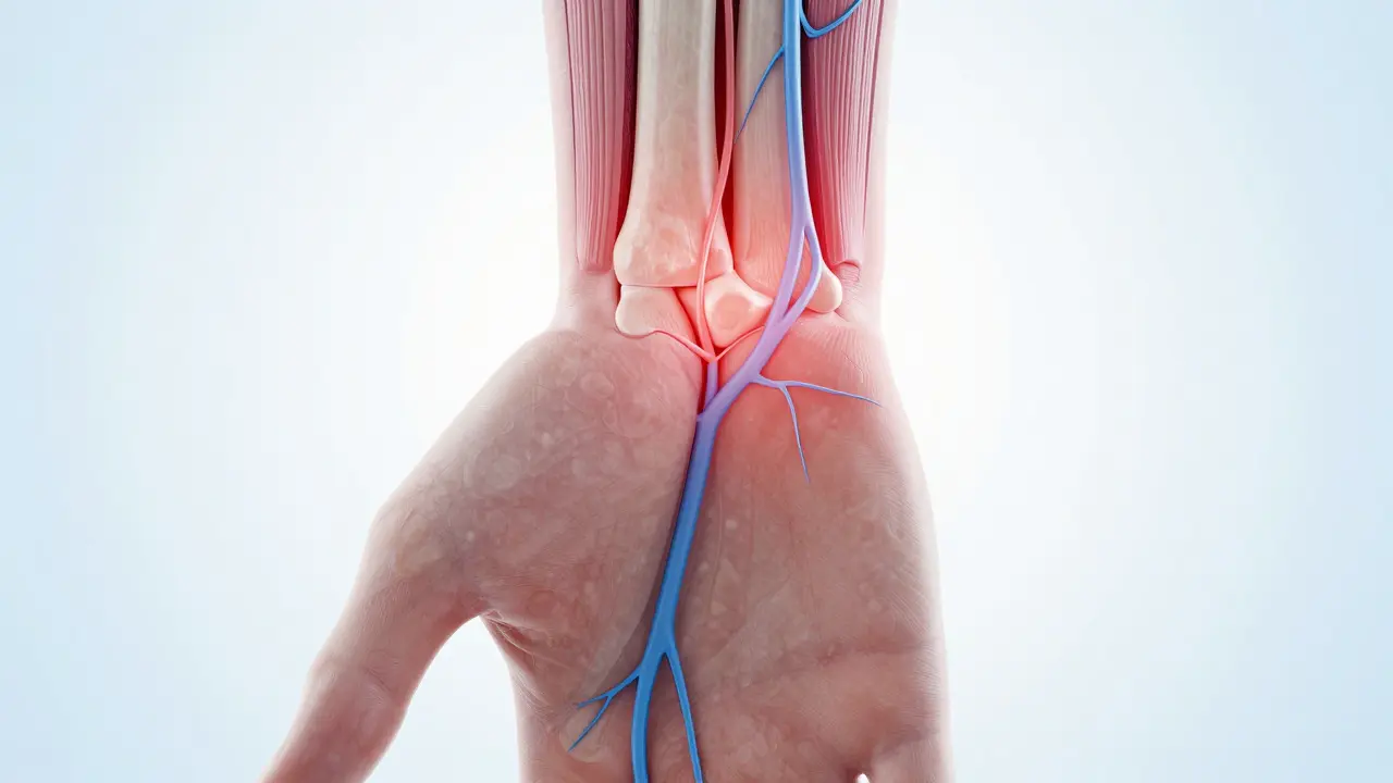 Anatomický řez zápěstím se zánětem karpálního tunelu