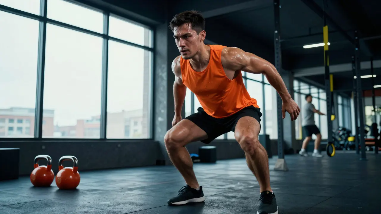 Atlet provádí intenzivní HIIT trénink v moderním fitnes centru