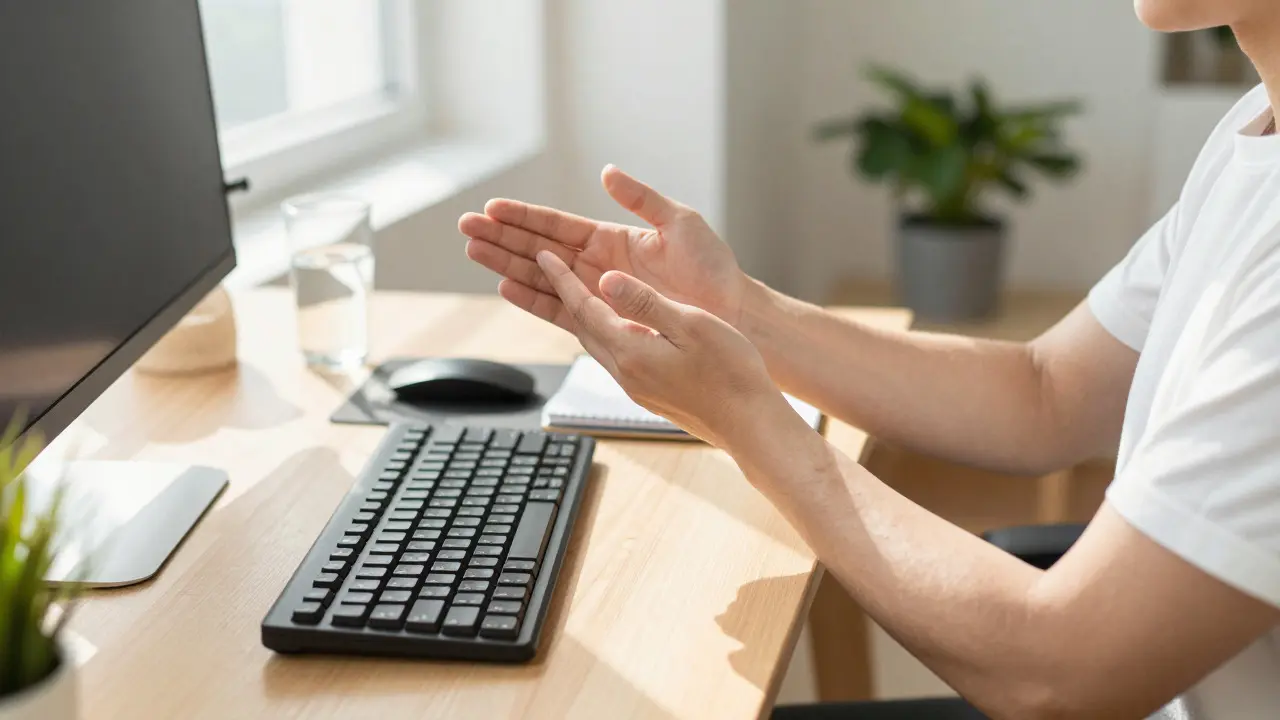 Člověk provádí rehabilitační cvičení ruky u ergonomické pracovní stanice