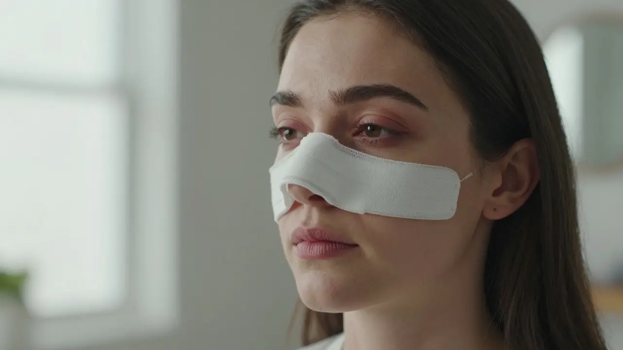 Pacientka s gipsem na nose po plastické operaci