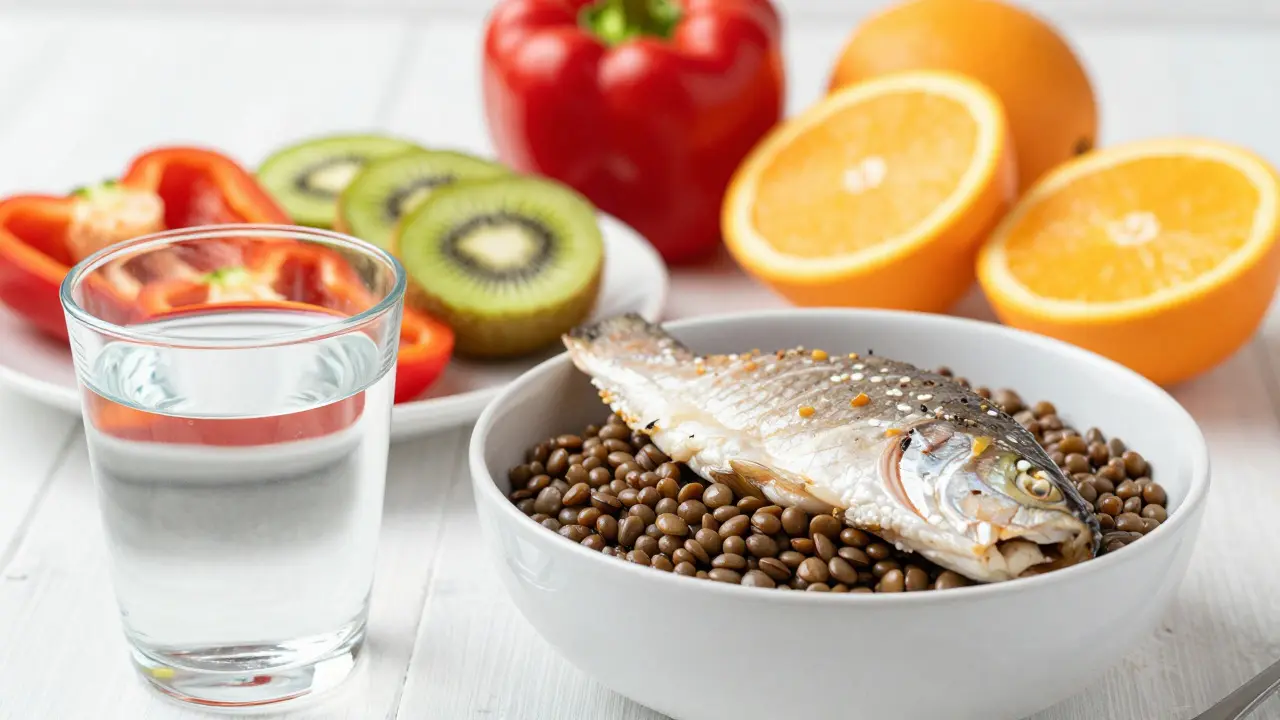 Pestrá miska s rybou, luštěninami a citrusy pro regeneraci