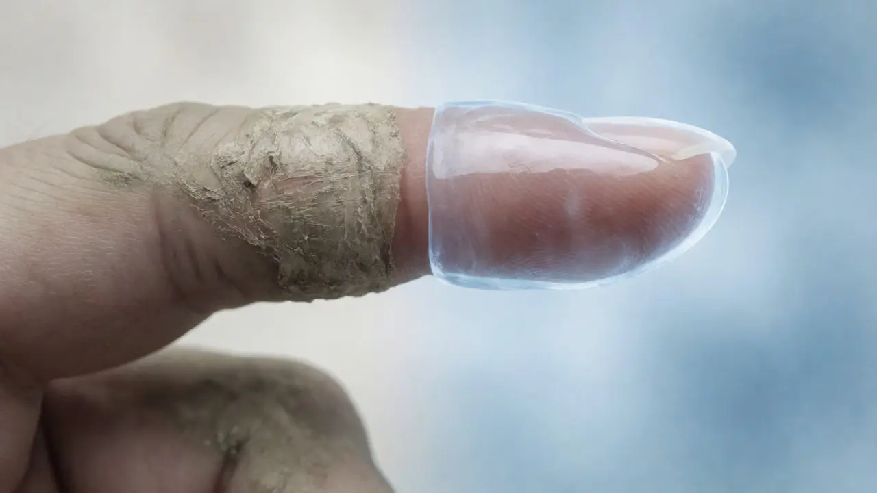 Porovnání suché jizvy a vlhkého hojení pod hydrogelem na prstu.