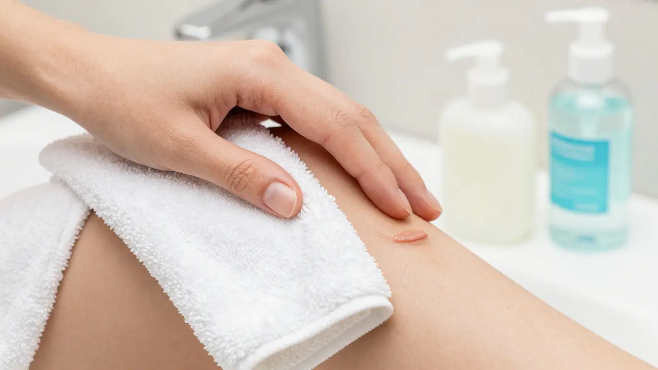 Ruce jemně osušují pokožku kolem jizvy ručníkem vedle hygienických potřeb.