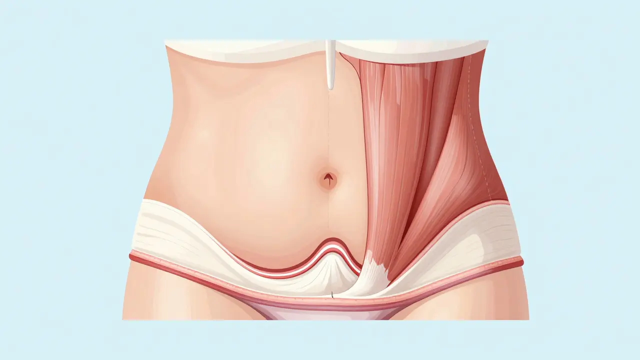 Schéma abdominoplastiky ukazující odstranění kůže a svalů