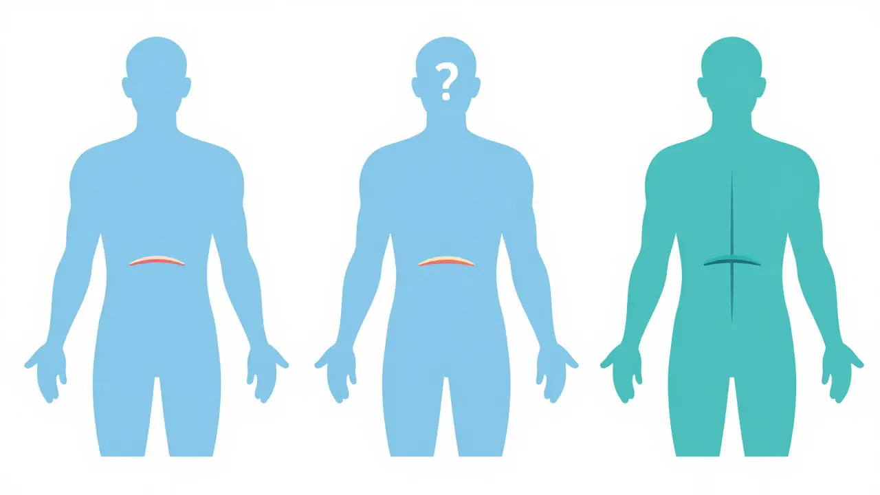 Schéma různých typů jizev po abdominoplastice na siluetě těla