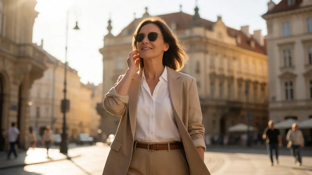 Spokojená žena odchází z kliniky estetiky do slunné ulice