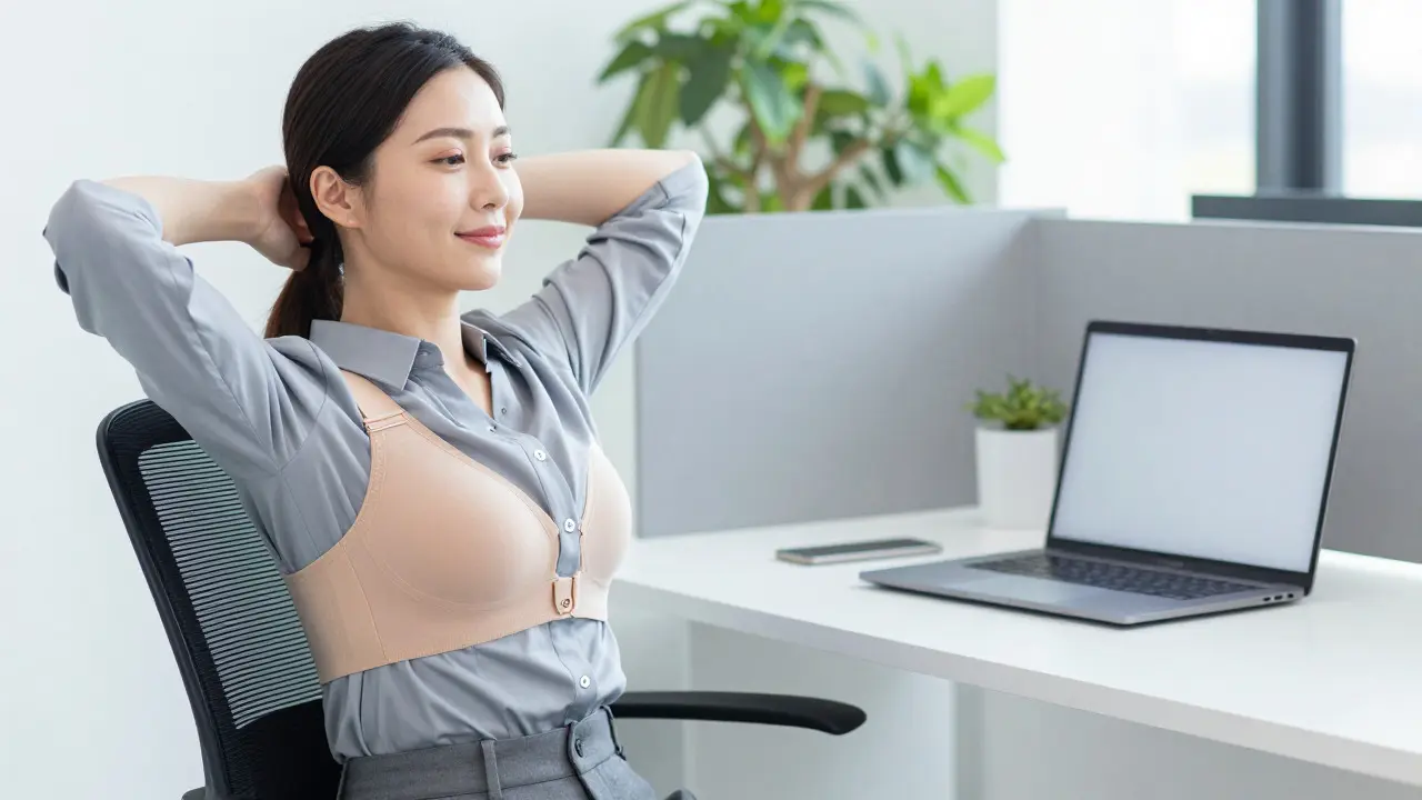 Žena pracující za počítačem na ergonomickém křesle tři týdny po augmentaci prsou