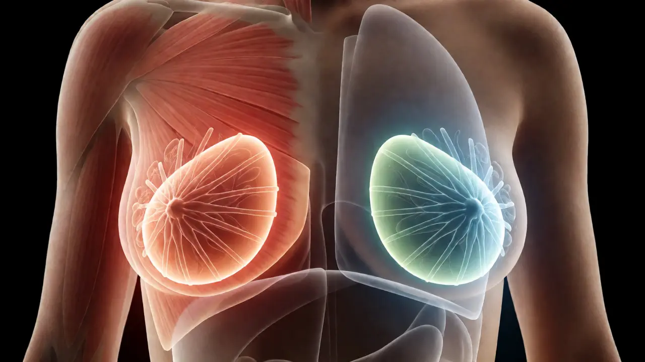 Anatomické schéma uložení implantátu pod sval a pod žlázu s barevným rozlišením.