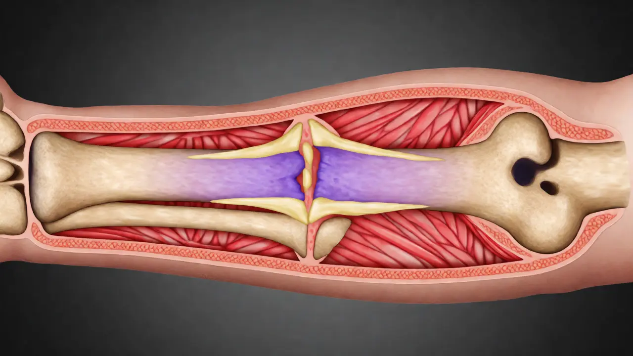 Anatomický řez zlomeninou předloktí a tvorbou kalusu