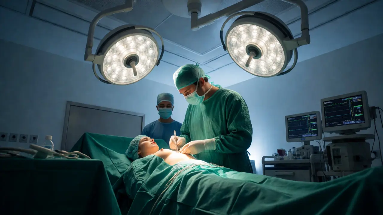 Chirurg provádějící operaci augmentace prsou ve špičkově vybavené operační sále.