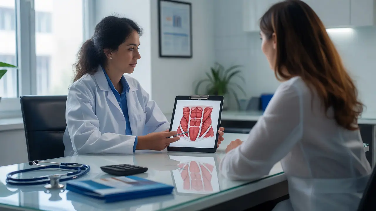 Chirurg vysvětluje pacientce anatomii břicha během konzultace.
