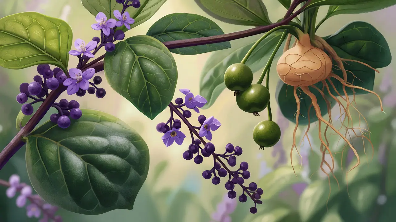 Detailní botanická ilustrace plodů chmelovice a dalších podpůrných bylin