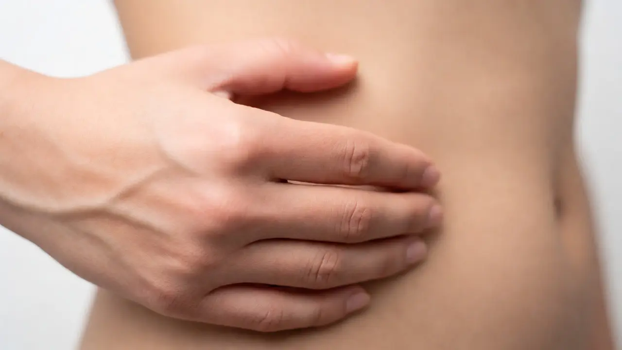 Detailní pohled na samovyšetření tkáně kolem mužské bradavky.