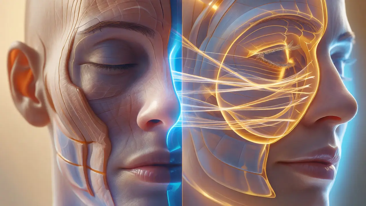 Konceptuální ilustrace obnovy kolagenu a zvednutí tkání obličeje