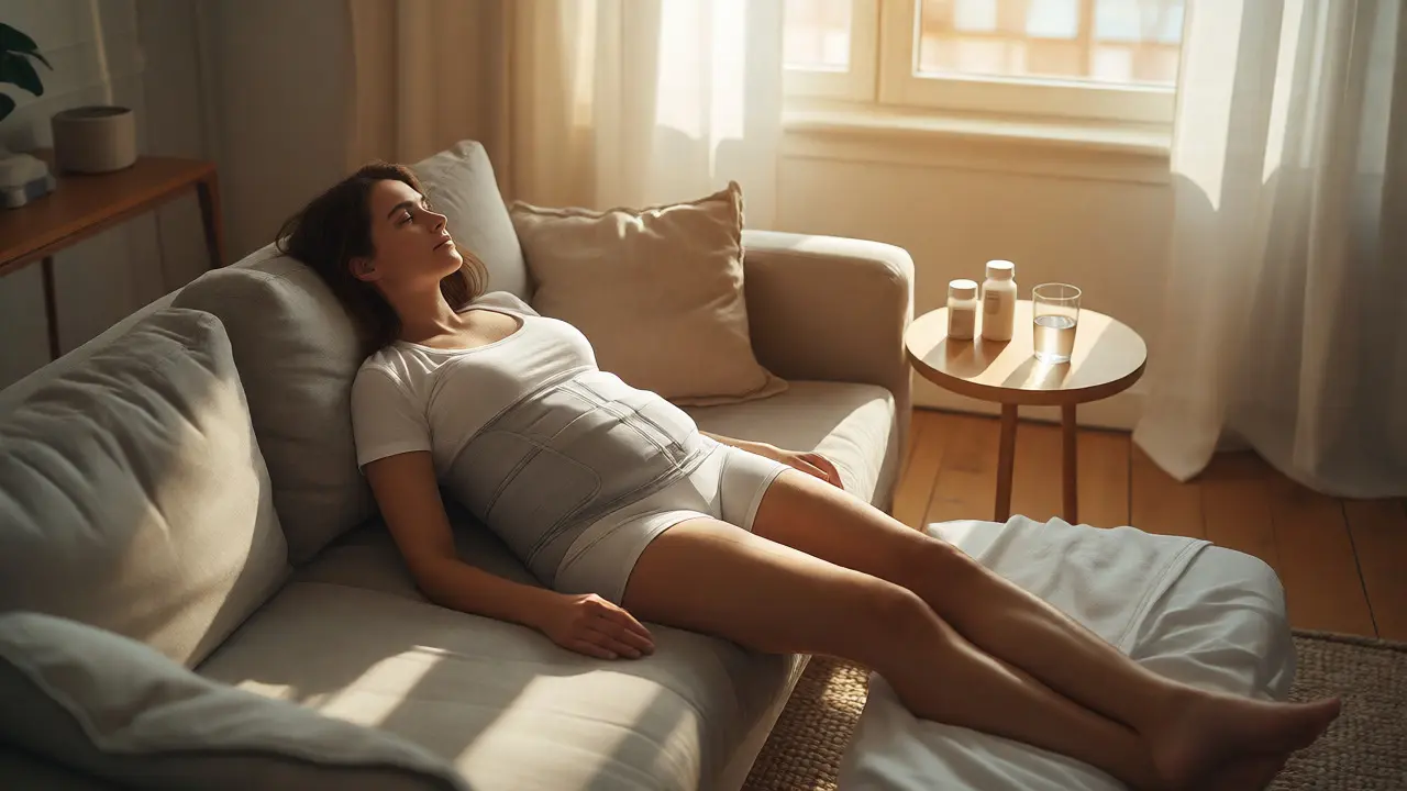 Pacientka v kompresním prádle odpočívá po abdominoplastice.