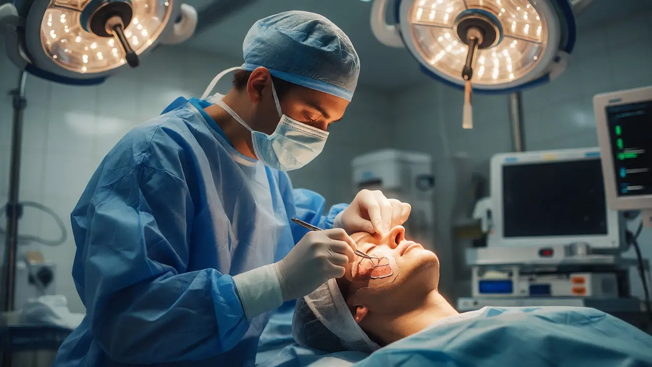 Plastický chirurg provádí precizní operaci obličeje v operačním sále.