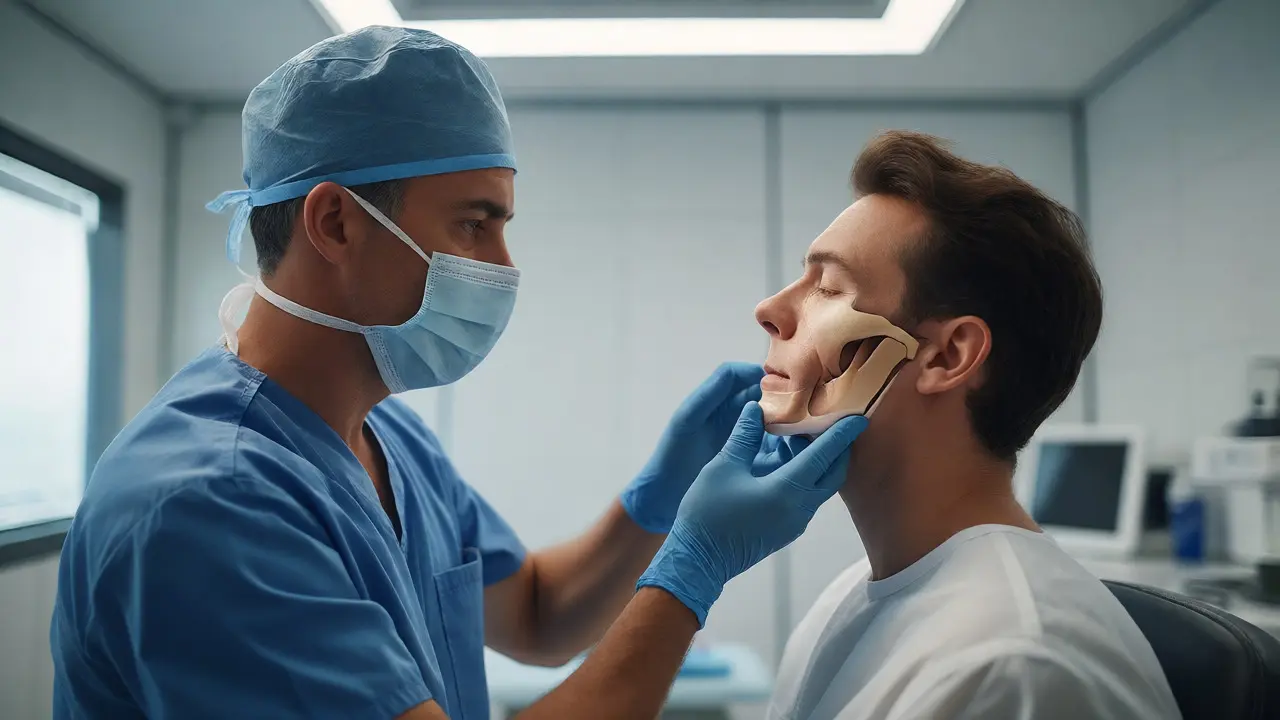 Plastický chirurg vyšetřuje profil brady pacienta