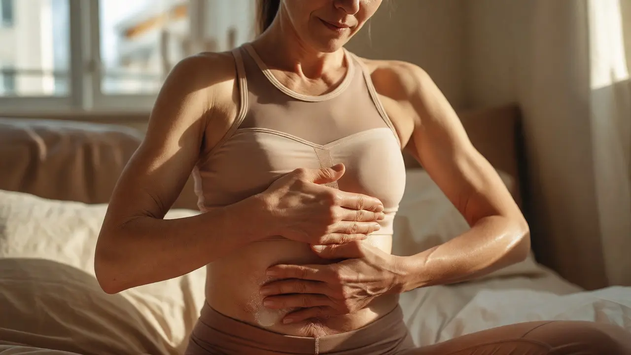 Žena provádí jemnou masáž jizvy po operaci prsu v domácím prostředí