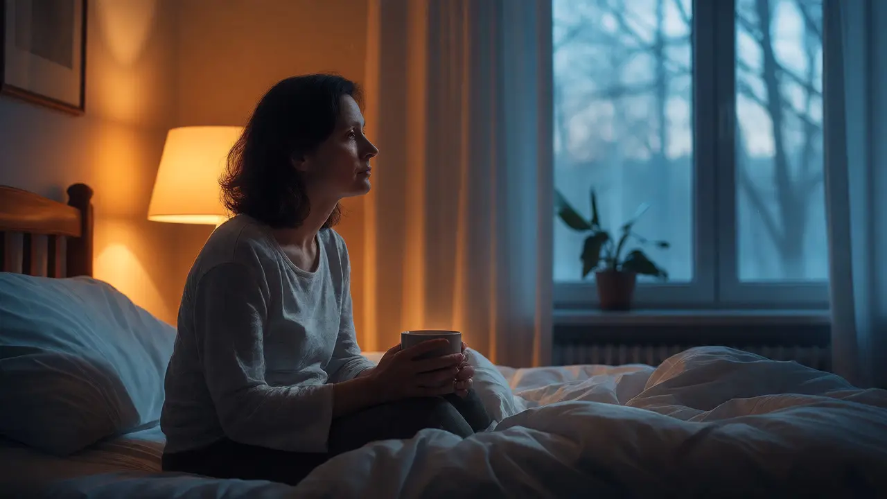 Emočně rozpolcená žena drží teplý nápoj při rekonvalescenci