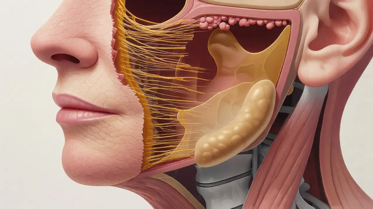 Konceptuální ilustrace rozpadu kolagenu a poklesu tukových polštářků ve tváři.