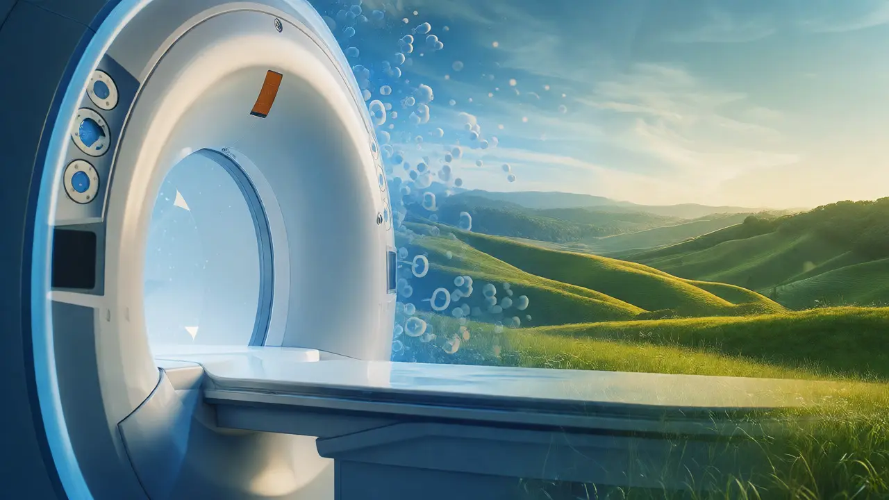 Konceptuální snímek spojující MRI skener s přírodní krajinou.