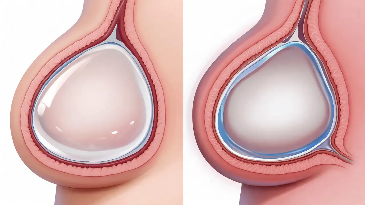 Lékařská ilustrace řezu prsem s silikonovým implantátem a kapslí.