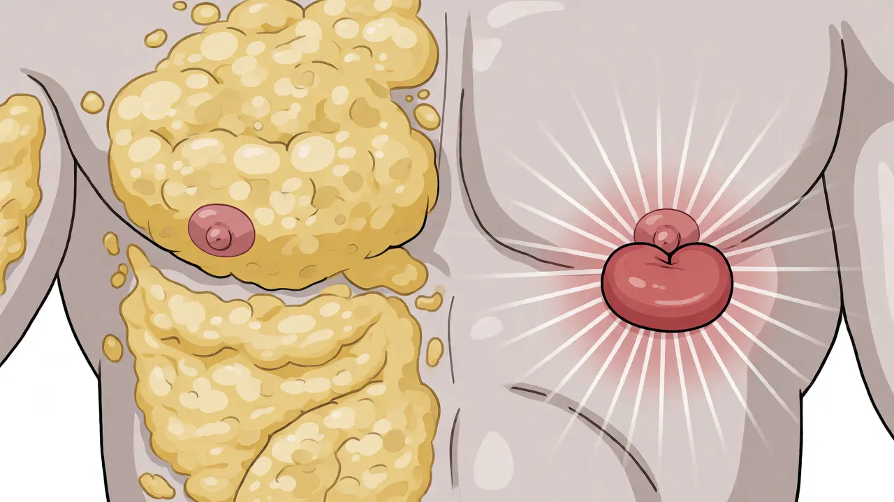 Lékařská ilustrace rozdílu mezi tukem a žlázovou tkání v mužském prsu.