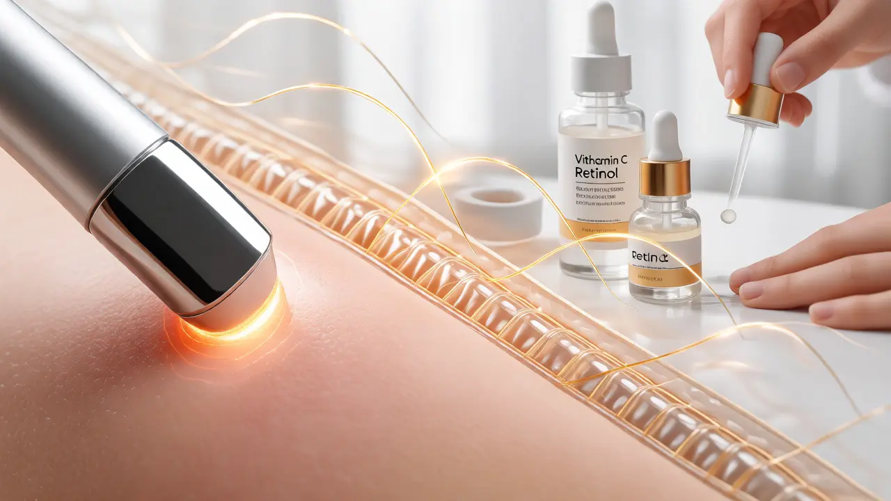 Makro pohled na ošetření pleti přístrojem pro zpevnění a stimulaci kolagenu