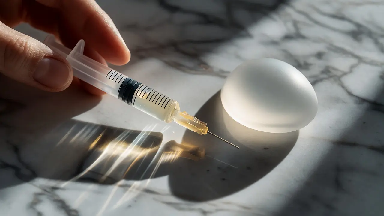 Srovnání stříkačky s výplní a silikonového implantátu na mramorovém pozadí