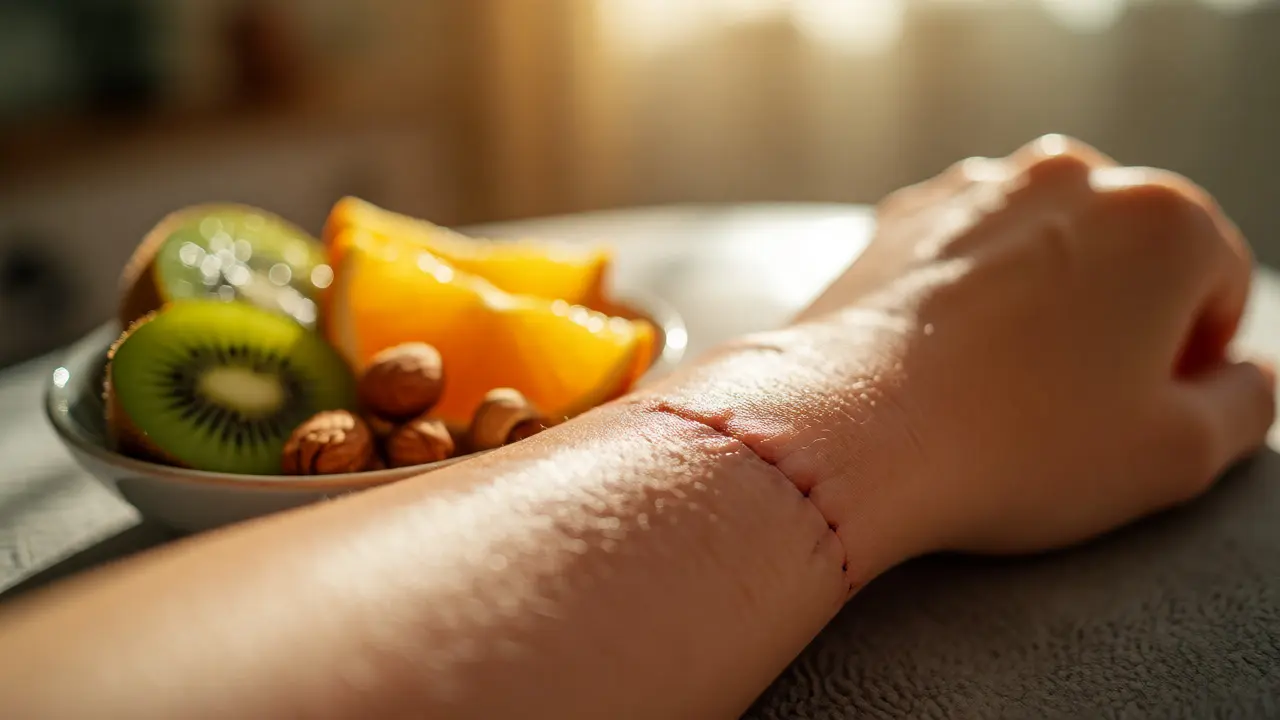 Zhojená jizva na ruce vedle ovoce bohatého na vitamíny podporující regeneraci